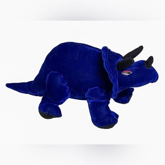 Vtg 90s BJ Toys Blue Dinosaur Stuffed Animal Plush Triceratops Cobalt Velour 15” - Picture 4 of 8